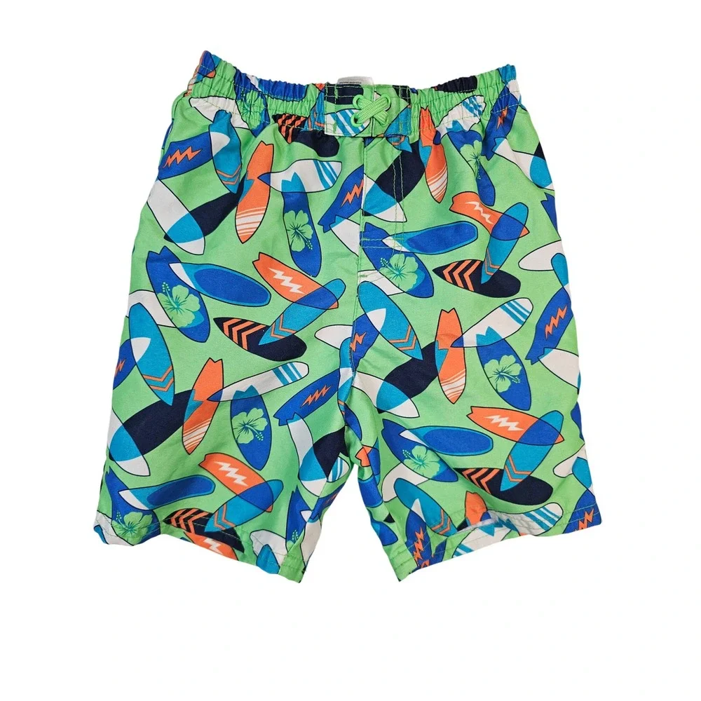 Healthtex Boys 4T Swim Trunks Glow Green Surfboard Print Mesh Lined HTB18700